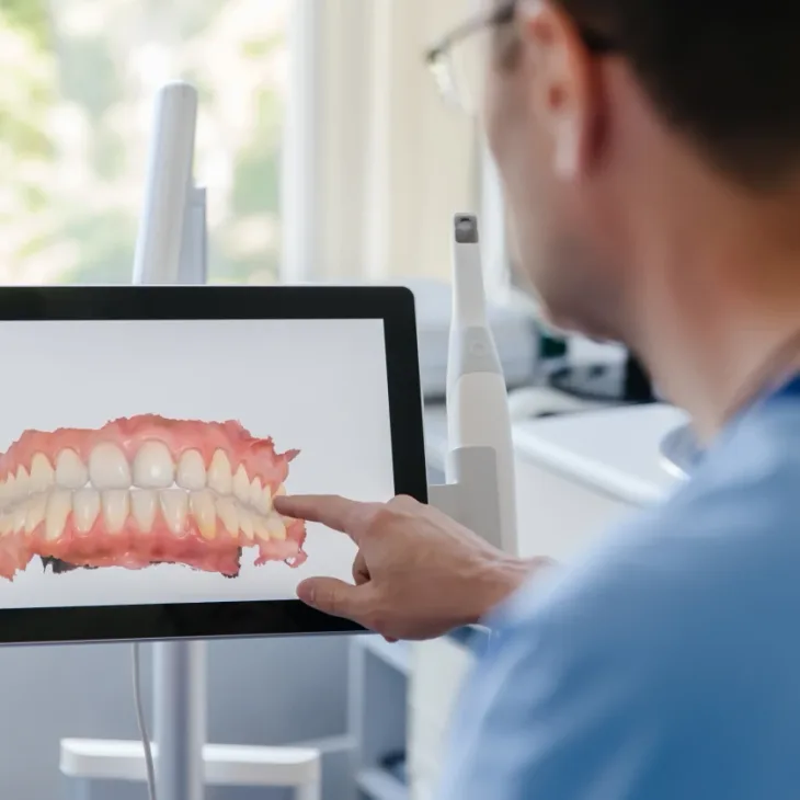 A dentist pointing at a 3D scan of a patient's teeth on a monitor