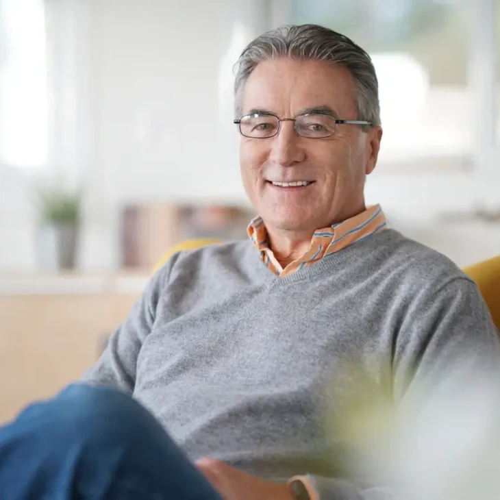 A patient sitting back comfortably with a relaxed smile